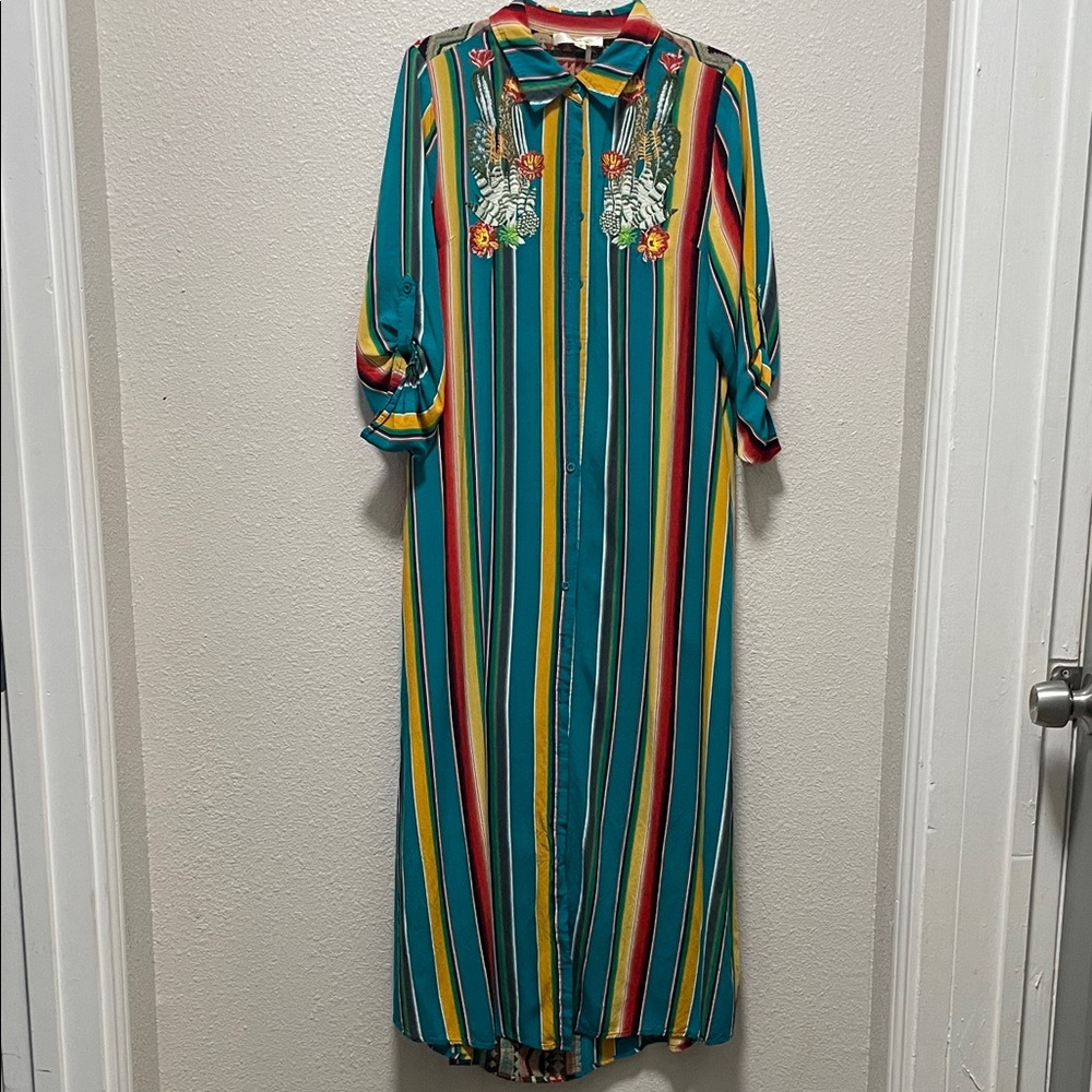 ANDREE BY UNIT Teal Multicolor Striped Embroidered Floral Dress